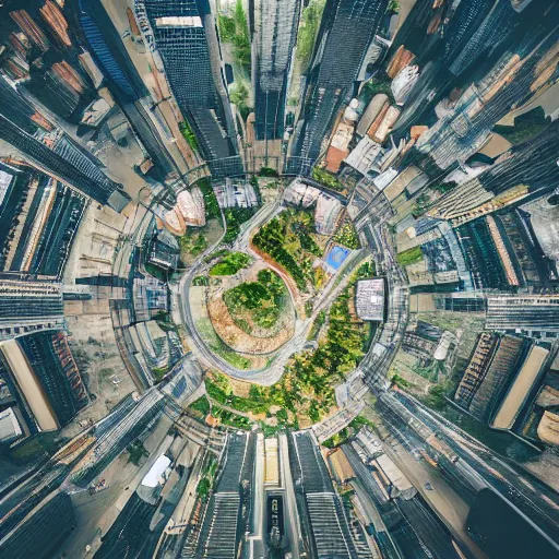 Image similar to professional photo from bird view of portal to another dimension inside a city, ultra detailed, realistic, 4 k, computer art, dslr photo