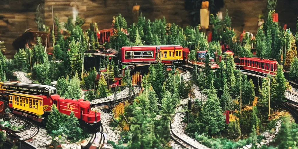 Prompt: extremely elaborate lionel train set, elaborate miniature mountain terrain, miniature lakes, trees, instagram