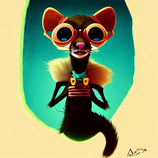 Image similar to curved perspective, extreme narrow, extreme fisheye, digital art of a marten animal cartoon character wearing a wig a jewlery by anton fadeev from nightmare before christmas