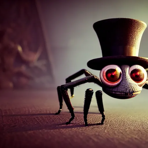 Image similar to spider wearing a top hat, ultra realistic, concept art, intricate details, eerie, highly detailed, photorealistic, octane render, 8k, unreal engine, in the style of pixar