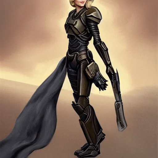 Image similar to A combination of Grace Kelly's and Emma Watson's and Ashley Greene's appearances with blonde hair wearing Master Chief's armor, full body portrait, western, D&D, fantasy, intricate, elegant, highly detailed, digital painting, artstation, concept art, matte, sharp focus, illustration, art by Donato Giancola and James Gurney