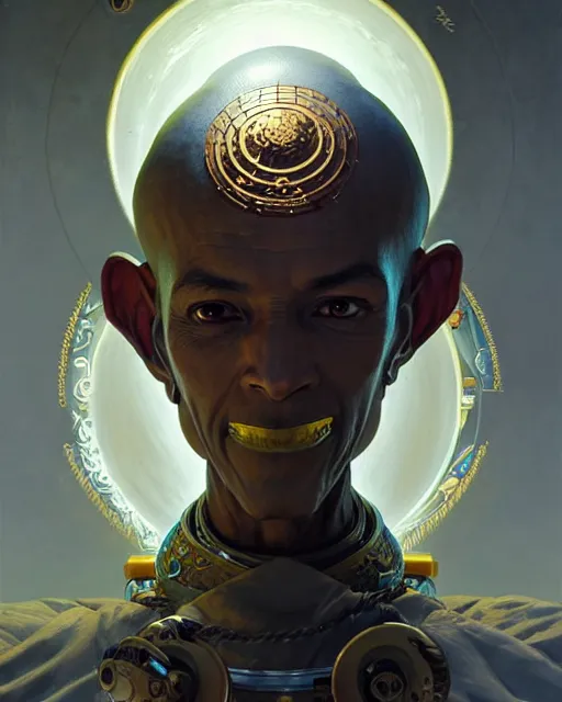 Image similar to zenyatta from overwatch, character portrait, concept art, intricate details, highly detailed by greg rutkowski, michael whelan and gustave dore