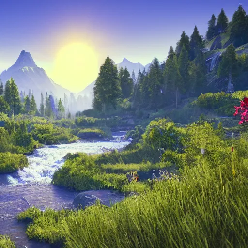 Image similar to natural landscape with sun, mountains, trees, flowers and rivers, photorealistic, ultra - detailed, 4 k high resolution, hdr shot, unreal engine rendering