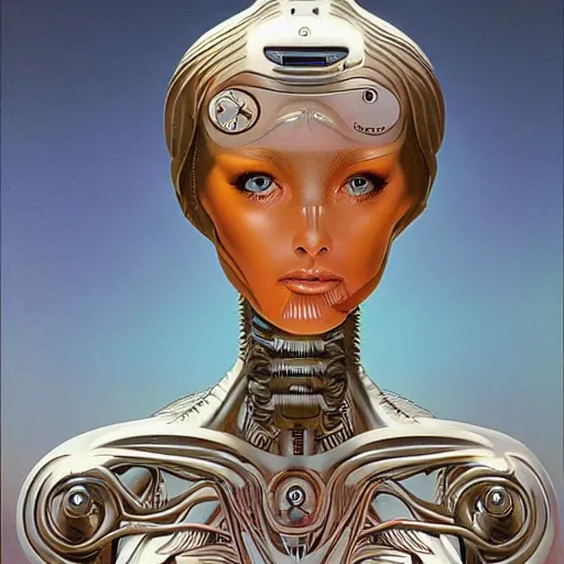 Prompt: humanoid female robot, highly detailed, expressive eyes, beautiful symmetric body, perfect proportions, highly intricate, art by boris vallejo and alex gray