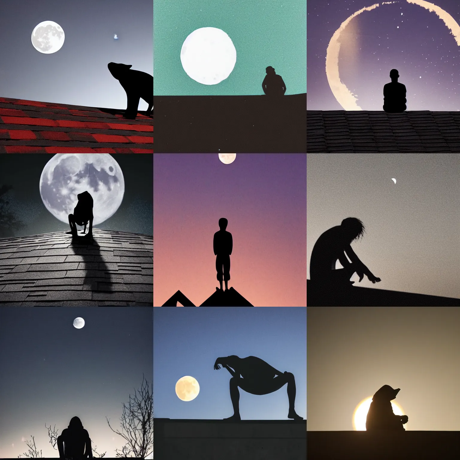 Prompt: hunched creature crouching on a rooftop at night silhoutted by the bright moon behind it