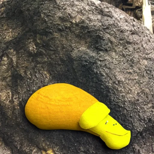 Prompt: a yellow slug riding olmec into the lava