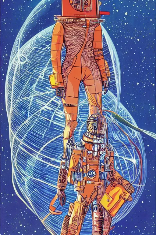 Image similar to cyber portrait fashion model in space artwork by jean giraud