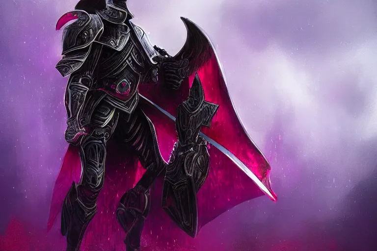 Image similar to masterpiece digital painting of an evil knight, full heavy black obsidian armor, chaotic ruby inlays, cape, by kev walker, atmospheric fog effects background, purple sparkles, artstation, deviantart, full body view, cinematic lights