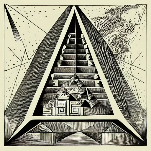 Image similar to an ornate illustration in the style of mandalic escher, wood engraving print, depicting a pyramid