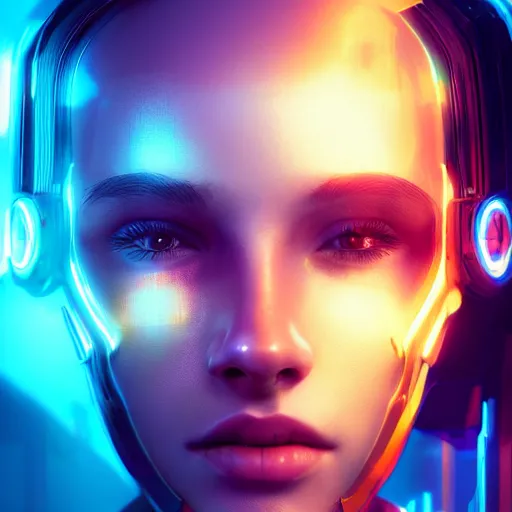 Prompt: A Stunning portrait of cyborg teen girl, art by Ross tran, vivid color palette, digital painting, 3D, octane render, post process in Photoshop, highly detailed, particles, light effect, volumetric lighting