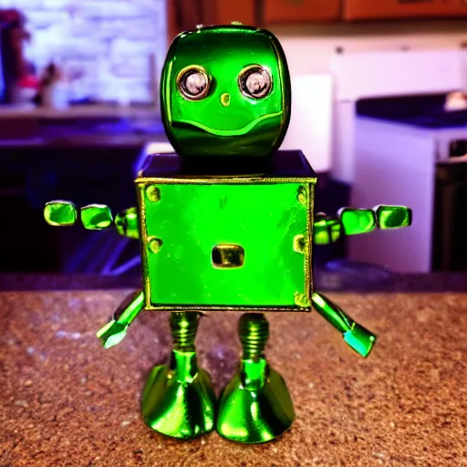 Image similar to real life photo of a shiny little green robot smiling