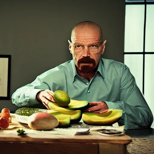 Prompt: walter white eating avacado, photography