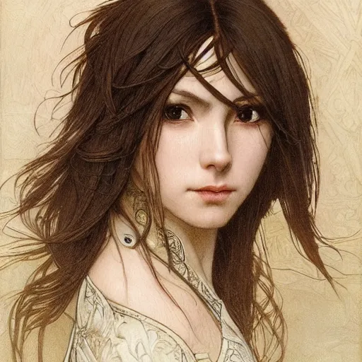 Image similar to Masterpiece head and shoulders portrait of a female Kazuto Kirigaya Kirito, young woman with brown long hair and bangs and wearing a long black coat breast-armor showing through, face, fantasy, intricate, elegant, highly detailed drawn by Donato Giancola and Fernanda Suarez and Artem Demura, face by Artgerm and Edmund Leighton, Alphonse Mucha, background by James Jean and Gustav Klimt, 4k, porcelain skin, komorebi, french nouveau, trending on pixiv, octane render, hyperrealistic