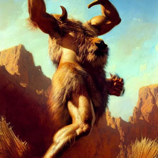 Image similar to a portrait of a furry minotaur, furry body, furry chest, furry arms, furry legs, tail. highly detailed painting by gaston bussiere, craig mullins, j. c. leyendecker, furry