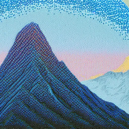 Image similar to A beautiful Mountain Range in the Style of Pointilism, masterpiece, oil painting scan 4k