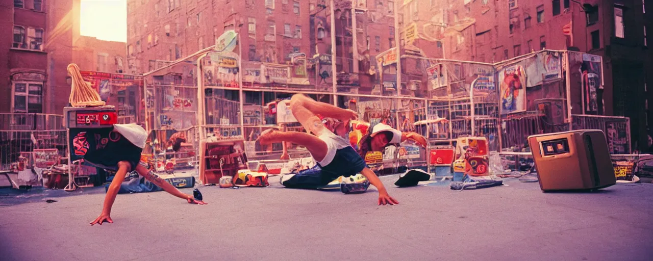 Image similar to 1 9 8 0's breakdancing next to a boombox made of spaghetti nyc, afternoon light, detailed, canon 2 0 mm, wes anderson, kodachrome