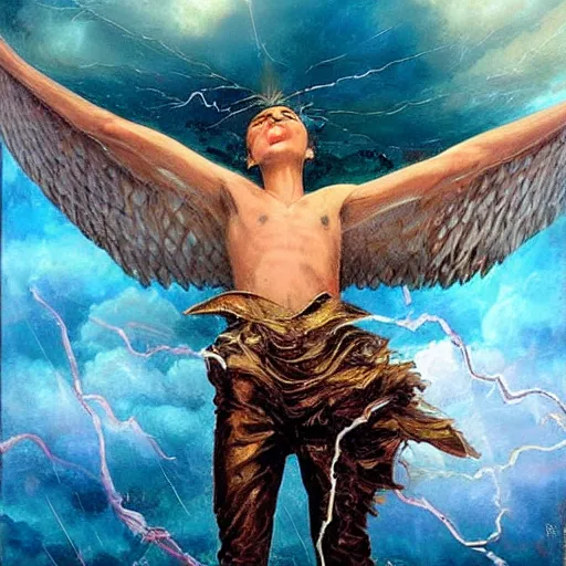 Image similar to beautiful painting by karol bak of a fourteen year old boy with and enormous mechanical wing strapped to his back, standing on the back of a boat in a storm, his arms spread, face looking skyward, wearing only shorts, ready to fly, icarus, winged boy, young teen, rain, clouds, waves, splash,