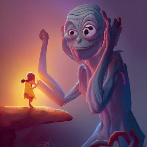 Image similar to a wholesome animation key shot of gollum, colorful, pixar and disney animation, sharp, very detailed, high resolution, key art by greg rutkowski, bloom, dramatic lighting