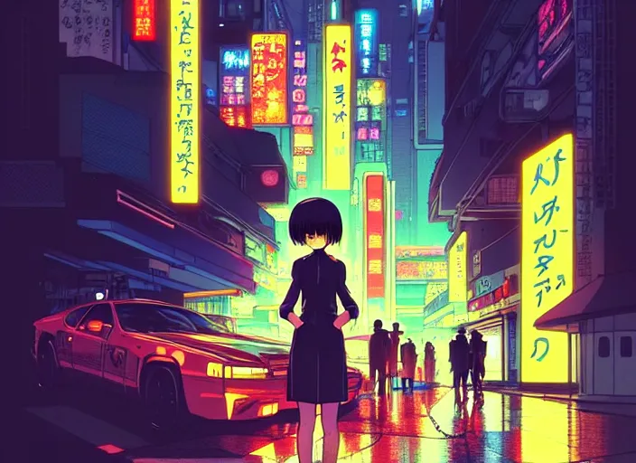 Image similar to editorial illustration colorful, anime city scene at night, katsuhiro otomo ilya kuvshinov, fine texture, realistic shading, ghost in the shell, fine details, matte colors, perfect face, dramatic lighting, dynamic composition, moody, vivid, volumetric, stippled lighting, big and cute eyes, cinematic, trending on artstation, kentaro miura