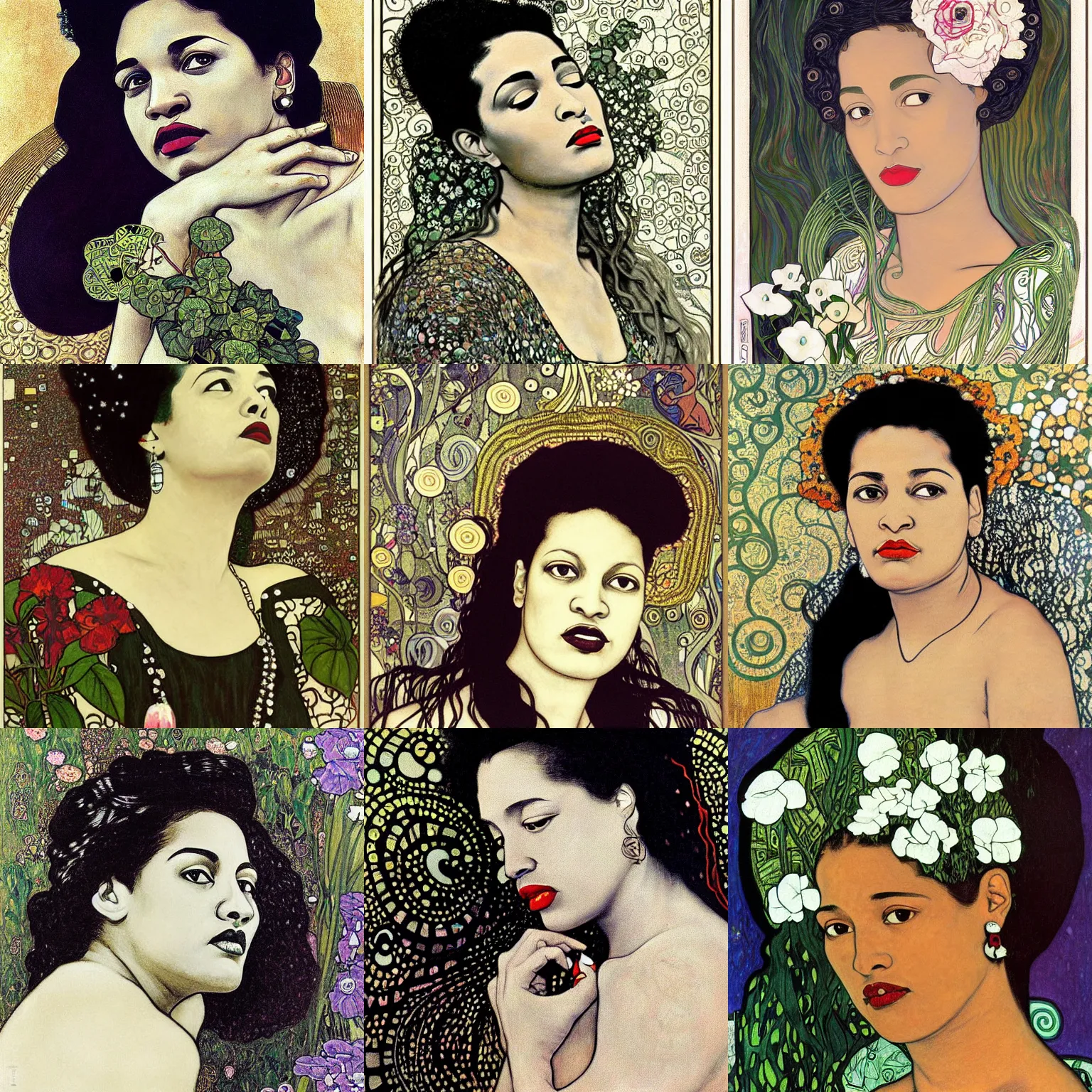 Prompt: Heart breaking portrait of billie holiday, large white gardenia in her hairs, billy holiday by gustav klimt and Alphonse Mucha in the style of art nouveau, melancholic, sad, minimalism, masterpiece