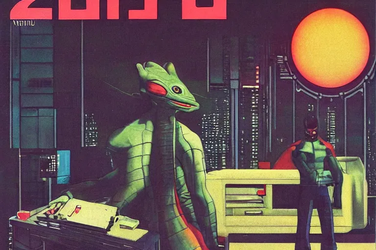 Prompt: 1979 OMNI Magazine Cover of a lizard man at a desk with a large circular window to neo-Tokyo streets behind him. in cyberpunk style by Vincent Di Fate