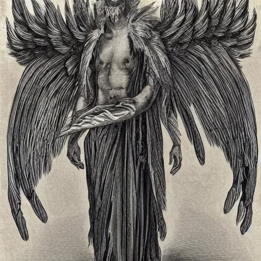 Image similar to biblical style creature, seraphim, dozens of bird - like wings, hundreds of eyes