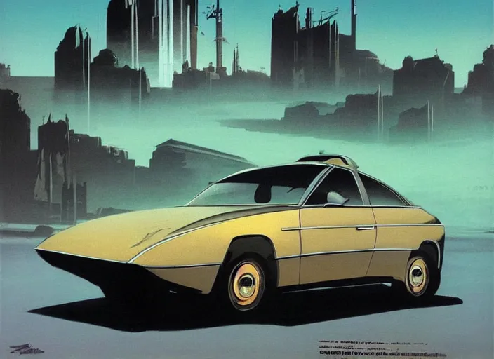 Image similar to a sedan car in a city. style by frank frazetta, peter elson, and eyvind earle.