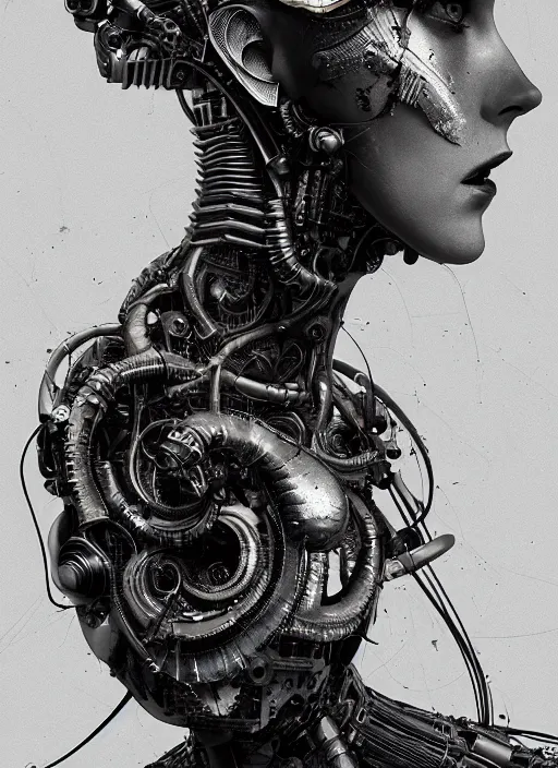 Image similar to a young beautiful female cyborg profile face, by h. r. giger, by ismail inceoglu, by kiki smith, glamor shot, vintage, closeup, f / 2. 8, low contrast, 1 6 k, rim lighting, cinematic lighting, insanely detailed and intricate, hypermaximalist, elegant, ornate, hyper realistic, super detailed