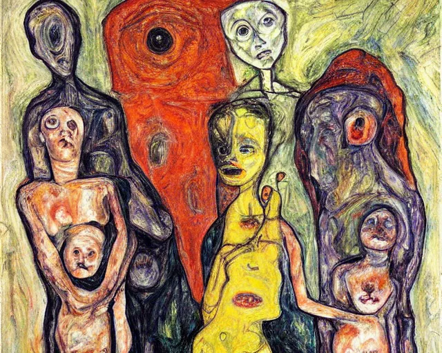 Image similar to a painting of an alien family portrait by graham sutherland, egon schiele, expressionism