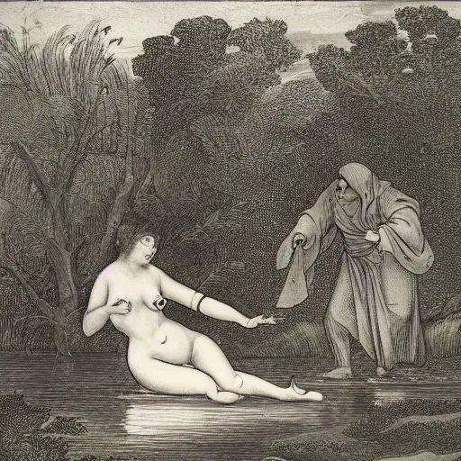 Prompt: a hulder trying to lure a man into a lake,