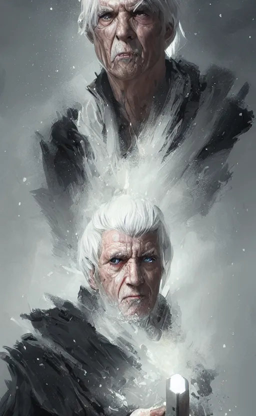 Prompt: portrait man with silver hair wearing a black cloak, white eyes, holding a warhammer, fantasy, highly detailed, cinematic lighting, digital art painting by greg rutkowski