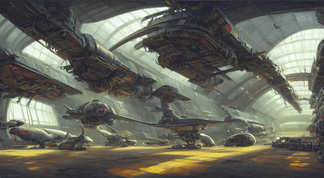 Prompt: a painting of a sci fi hangar, by jesper ejsing