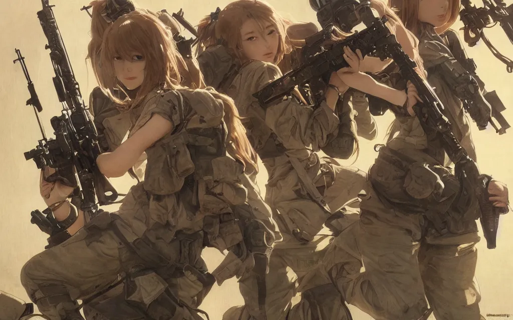 Prompt: war movie scene, squad, infantry girls, anime style, long hair, hair down, symmetrical facial features, explosions, wallpaper, from girls frontline, hyper realistic, pale skin, rule of thirds, extreme detail, realistic lighting, detailed drawing, trending artstation, hd, trading card, by alphonse mucha, greg rutkowski, backlit