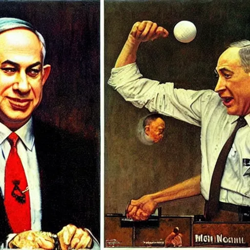 Image similar to benjamin netanyahu juggling, by norman rockwell and michael cheval