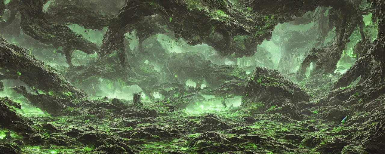 Image similar to landscape covered in green slime and goo, [ cinematic, detailed, epic, widescreen, opening, establishing, mattepainting, photorealistic, 4 k, octane render, art by greg rutkowski ]