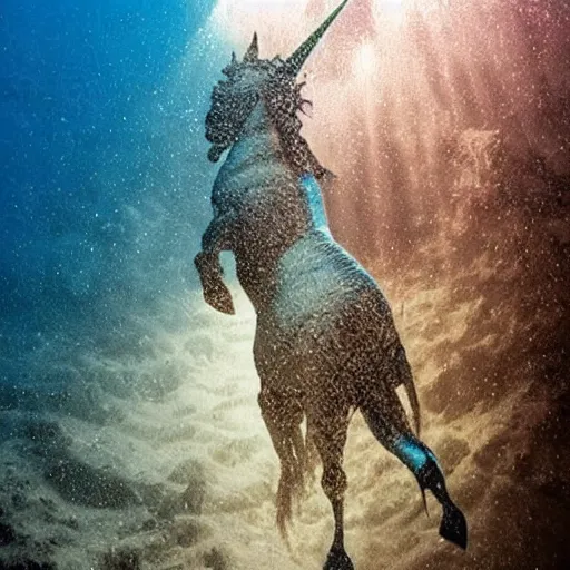 Prompt: a photo of an underwater unicorn discovered by scientists in the murky depths of the ocean using a submersible