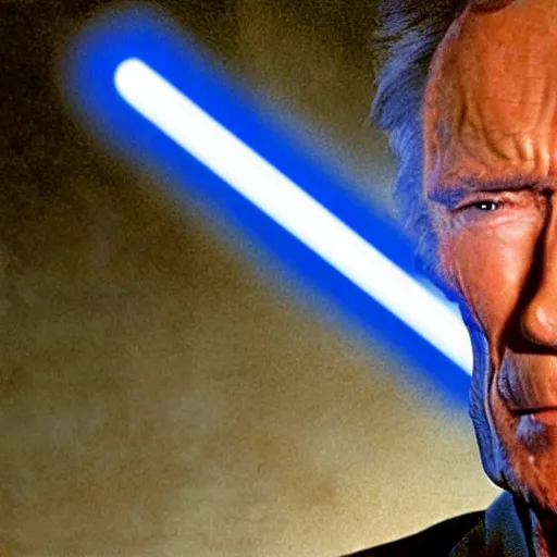 Image similar to clint eastwood holding blue lightsaber in star wars episode 3, 8k resolution, full HD, cinematic lighting, award winning, anatomically correct