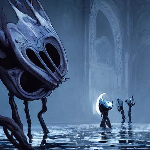 Prompt: extremely detailed cinematic movie still hollow knight by denis villeneuve, wayne barlowe, simon birch, marc simonetti, philippe druillet, beeple,