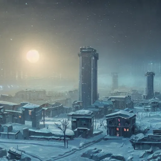 Image similar to a oil painting of brutalism old atom winter soviet town from frostpunk by Simon Stålenhag, in style of fractal landscape by Simon Stalenhag, atompunk, Sci-Fi, 8k, ultra detail, volumetric lighting, unreal engine, octane render, ultra realistic, max quality, epic 35 mm lens shot, photorealism