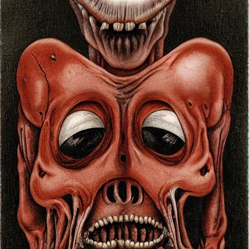Prompt: humanoid with crooked teeth, two black eyes, long open black mouth, alien looking, big forehead, horrifying, killer, creepy, photo turning slightly yellow, dead, looking straight forward, realistic, slightly red, long neck, boney, monster, tall, skinny, skullish, deathly, in the style of alfred kubin