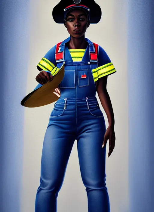 Prompt: full body portrait of young black woman as a firewoman, white t - shirt and blue denim overalls, firemans hat, intricate, beautiful and elegant, highly detailed, digital painting, artstation, concept art, smooth, sharp focus, illustration, art by wlop, mars ravelo and greg rutkowski