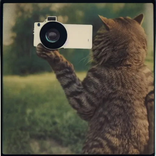 Image similar to polaroid photo of a t - rex 🦖 taking a polaroid photo of a cat