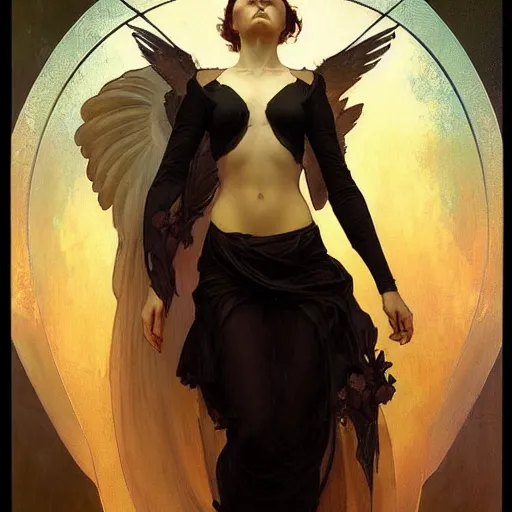 Image similar to A portrait of A beautiful!!!! angel in black flames by Ross Tran!! and alphonse mucha and greg rutkowski! and gustav doré!! and ruan jia!,In style of digital art illustration.Symmetry.Highly detailed face.Fantasy,smooth,hyper detailed,sharp focus,Soft light.trending on artstation.4k