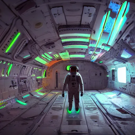 Prompt: digital art artwork of an astronaut walking in an abandoned spaceship by H. R. Giger, trending on artstation, Unreal Engine 5, 8K, colorful, neon colors