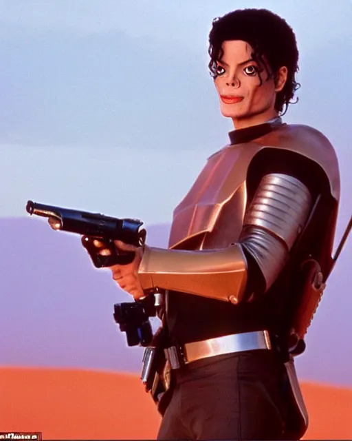 Prompt: michael jackson, as luke skywalker, with his landspeeder, beautiful tatooine desert at sunset, michael jackson is 1 6 years old and normal looking and handsome, not wearing any makeup