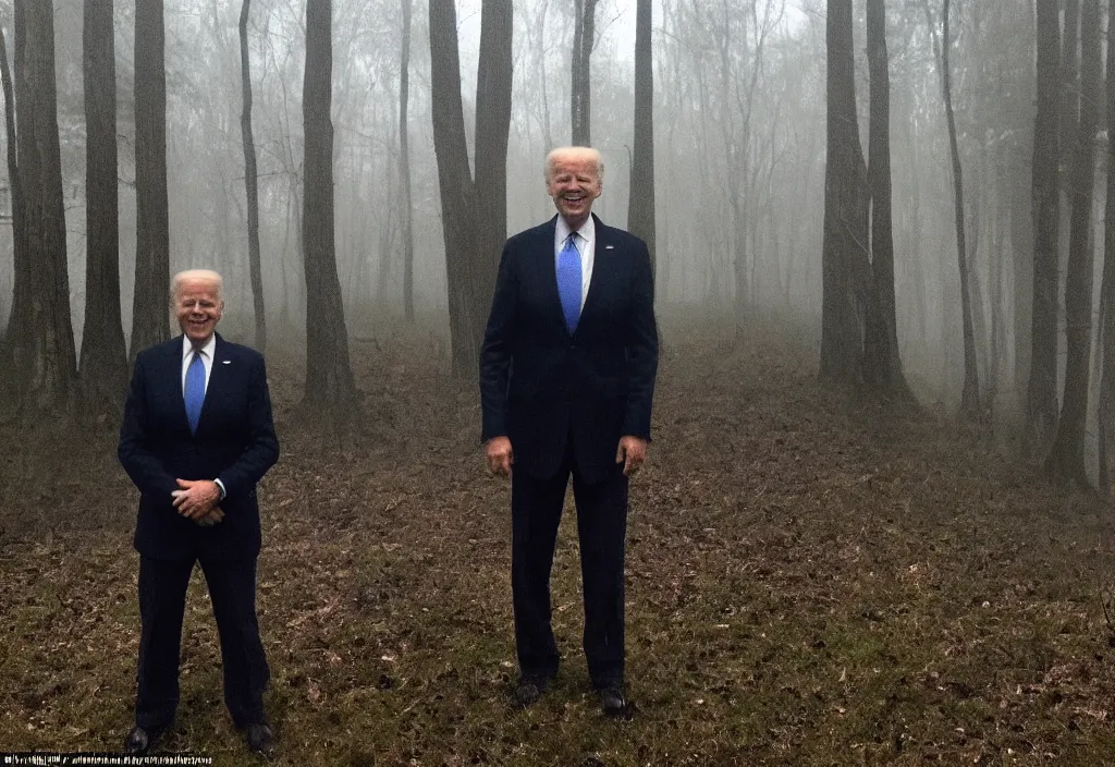 Image similar to low quality iphone photo of joe biden standing ominously in the foggy woods with a demonic smile in his face, creepy, far away