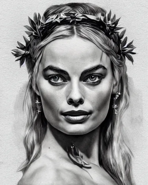 Image similar to realism tattoo sketch of margot robbie as a beautiful greek goddess aphrodite with piercing eyes wearing a laurel wreath and triangle earrings, in the style of greg rutkowski, amazing detail