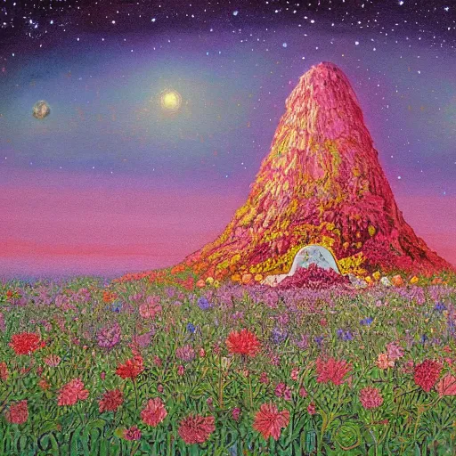 Image similar to a beautiful painting of a large alien shrine shrouded by mystic nebula magic in a field of flowers by moebius