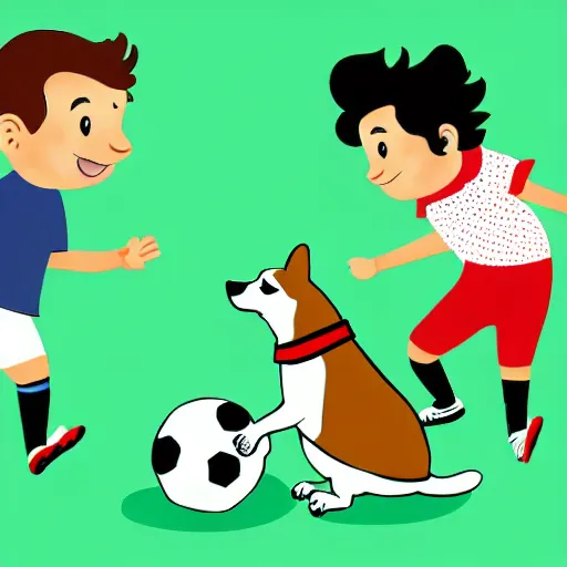 Image similar to illustration of french boy in paris playing football against a corgi who is wearing a polka dot scarf