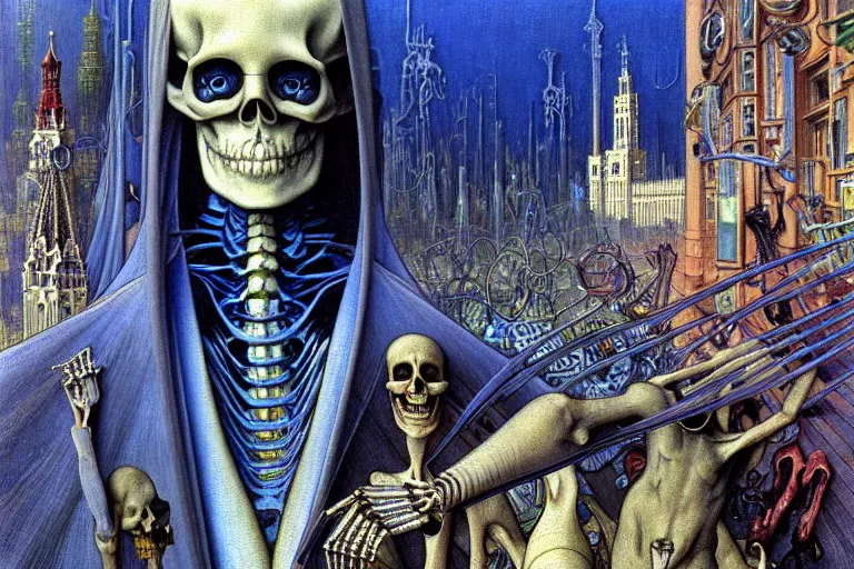 Image similar to realistic detailed closeup portrait painting of a single skeleton wearing a cape in a crowded futuristic moscow street by Jean Delville, Amano, Yves Tanguy, Alphonse Mucha, Ernst Haeckel, Edward Robert Hughes, Roger Dean, rich moody colours, blue eyes